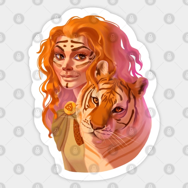 Celtic woman with tiger Sticker by Yana Graffox